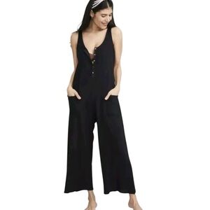 Entro Black Linen Jumpsuit Bows Sleeves Pockets Casual Wide Leg Size Medium